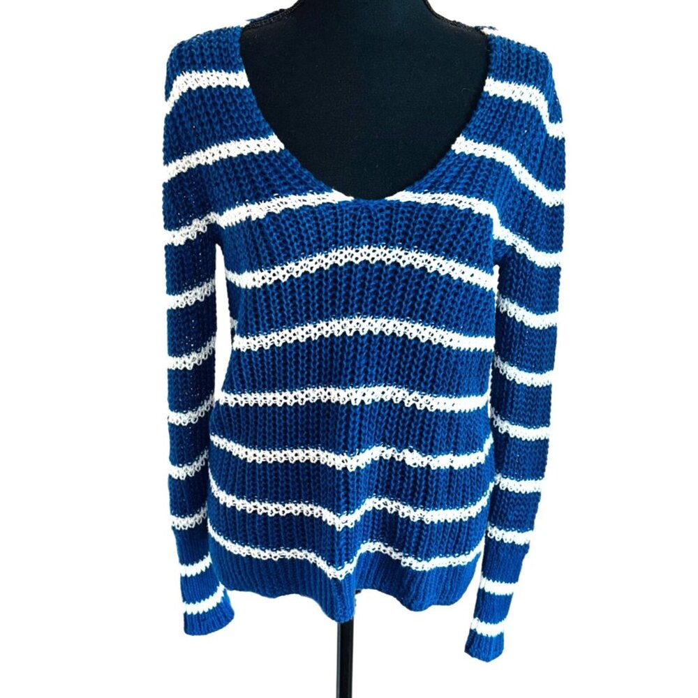 Banana Republic 100% Italian Linen Blue White Striped Knit Sweater Coastal Beach